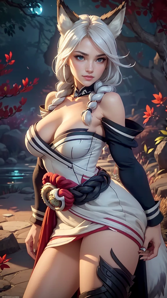 Ahri da league of legends,(best qualityer,4K,8k,high resolution, work of art:1.2)(weather: moonlight), Japanese female, spirit forest pond background, red and white long sleeve korean kimono dress, cleavage, spirit sphere, cute makeup, thigh high boots, belt, long multicolored white hair, braided hair, fox ears, numerous fox tails, ultra detailed, realistic, portrait, beautiful detailed green eyes, freckles, beautiful detailed lips, extremely detailed eye and face, beautiful girl, long eyelashes, sexly, average, large breasts, beaming smile, sexy pose, stunning curves, bright coloured, dramatic lighting,