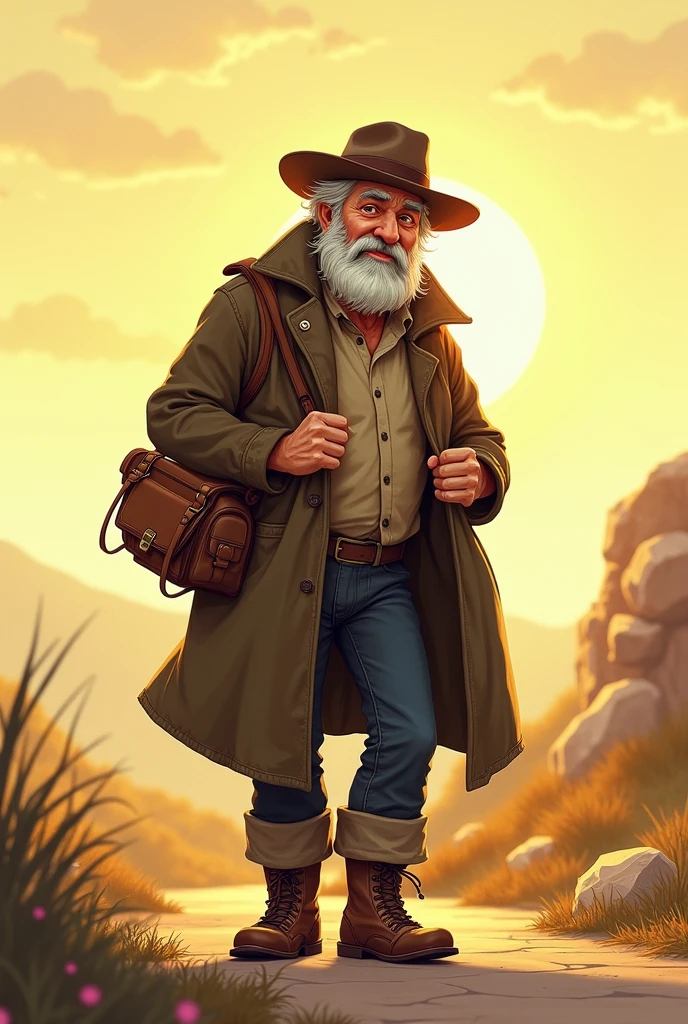 
Visual: The traveler smiles and wipes his forehead, feeling hot under the warm sun. He stops walking and takes off his coat.

Characters details 
The Traveler
Appearance: The Traveler is an ordinary person, depicted as a middle-aged man with a rugged, weathered face that shows he has been on the road for a while.
  - He is dressed in a thick, dark brown coat that looks heavy and worn from constant use. Underneath, he wears simple, practical clothing, suitable for travel, including sturdy boots and a hat to shield him from the elements.
  - The Traveler carries a small, old-fashioned bag slung over his shoulder, filled with the essentials for his journey.

Personality: The Traveler is practical and resilient, used to facing the challenges of the road. He is cautious and protective of himself, especially when faced with difficult situations, like the North Wind’s cold gusts.
  - He is also adaptable, willing to change when the situation becomes more comfortable, as seen when he removes his coat under the Sun’s warmth.


Show as cartoons