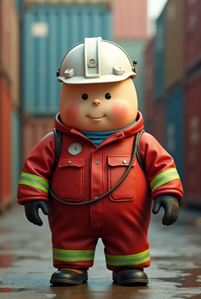 Humpty Dumpty wearing a red long-sleeved operational jumpsuit with green reflective stripe on the sleeves and legs, wearing a white operational helmet on a background with containers.