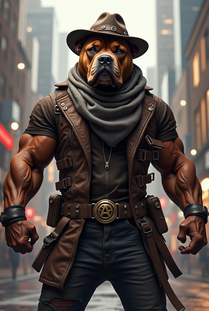 Photo of a dog breed American Bully, coat color chocolate brown, hat and scarf，trends in art station，wear fashionable clothes，hyperrealistic detailed visualization，Urban style，intimidating pose，Planet of Dogs，Fashionable outfit，urban samurai，doggy，Wearing a working cap，Stylish cityscape