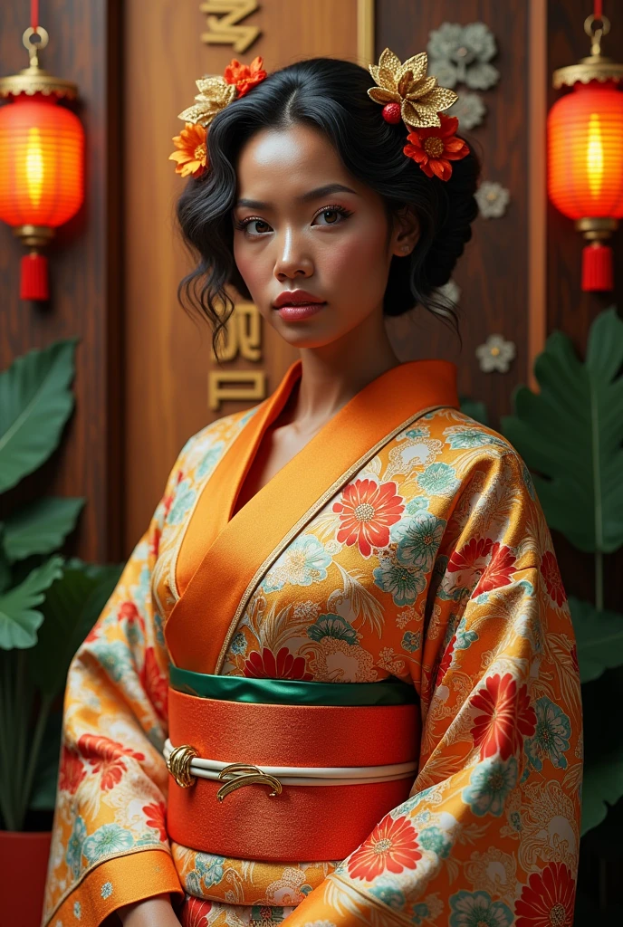 Create a Brazilian woman with a 3D background where she is wearing a traditional Japanese dress 