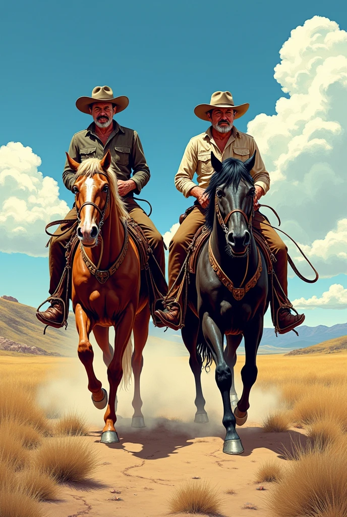 Hyperrealistic color comic 1950s two cowboys who .They ride on horseback and carry tools in their saddlebags 