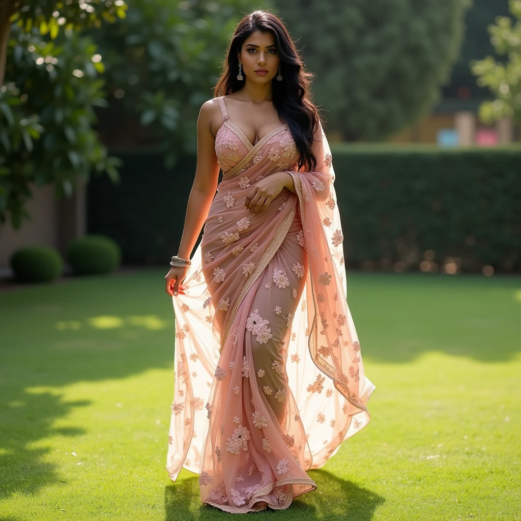 Indian Wife with a huge round and long cleavage line visible in a folded net  saree, floral net saree, HDR, 8k, hyperdetailed, best quality, ultra-high resolution, HDR, curved body, 8k, walking on the lawn , look at viewer, having perfect breasts with athletic body