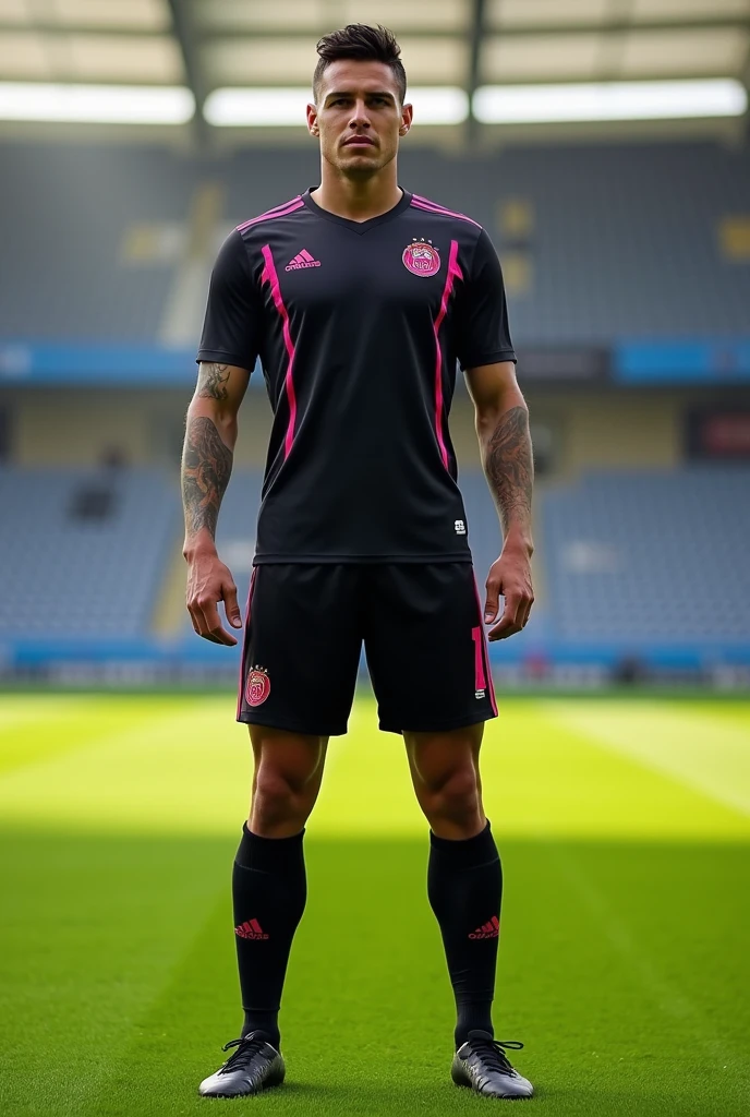 Make me a soccer uniform with a design that the colors are black with pink and gold details 