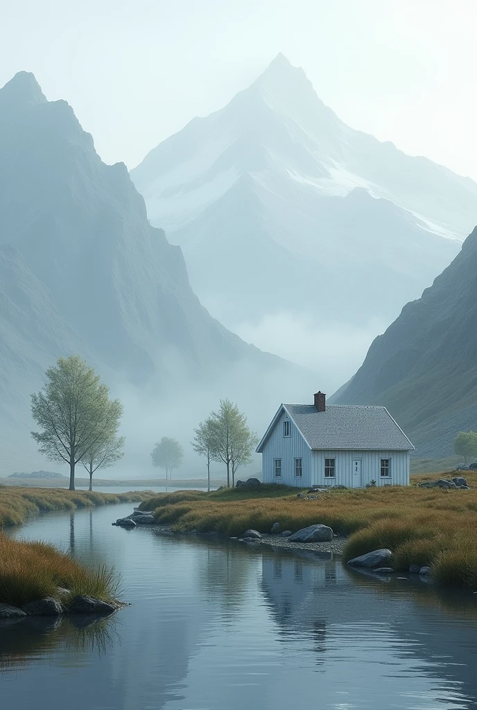 One white house in greenland with river on right sidr and mountains with rain with 4 trees