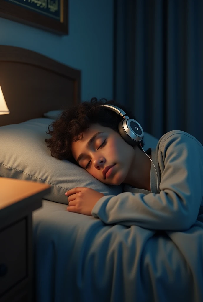 A Muslim boy sleeping at night and listening to Quran in headphones