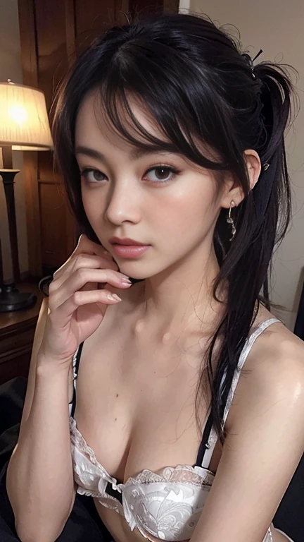 Ultra detail, high resolution, Ultra detailed, Best quality, Amazing, Top quality,Unified 8K wallpapers, Cinematic lighting, fully body photo, small round breasts, Miss Asia, beauty model, Noble and elegant clothing, silky lingeries, Earrings, (((Trendy hairstyles)))