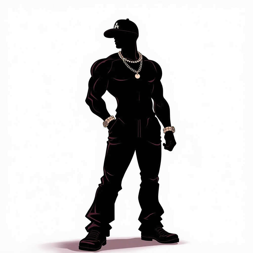 Black shadow of a slim rapper man showing cartoon style dominance, Vice City GTA, white background