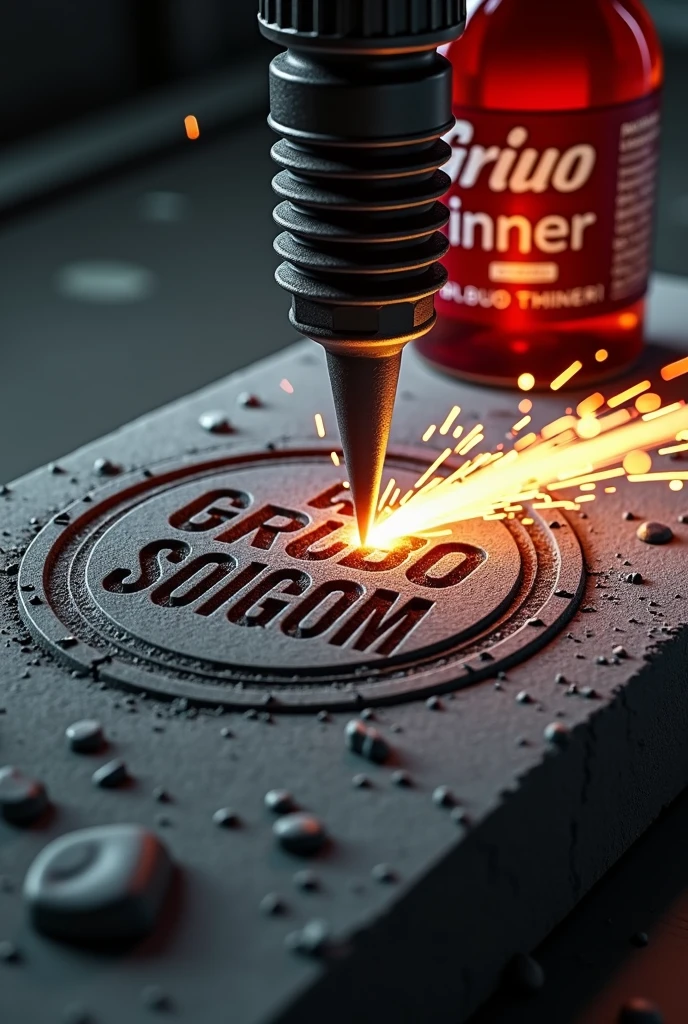 A dramatic cover design featuring a powerful tool, like an engraving tool or drill, actively carving the logo of Grupo Solquim into a solid stone surface. The tool creates sharp, detailed grooves in the stone, with bright, striking sparks flying off as the carving progresses. The logo is partially completed, with stone dust and small fragments scattered around, emphasizing the ruggedness of the task. To the side, prominently displayed, is a bottle of Thinner with a red label, featuring legible text with the product name 'Thinner' and the Grupo Solquim logo. The bottle stands slightly angled towards the ongoing engraving, as if overseeing the process. The background is kept neutral and dark, ensuring the glowing sparks, the carved stone, and the glossy Thinner bottle are the focal points. The lighting casts dynamic shadows, accentuating the depth of the carving and the vibrant sparks, creating a powerful and visually engaging scene.