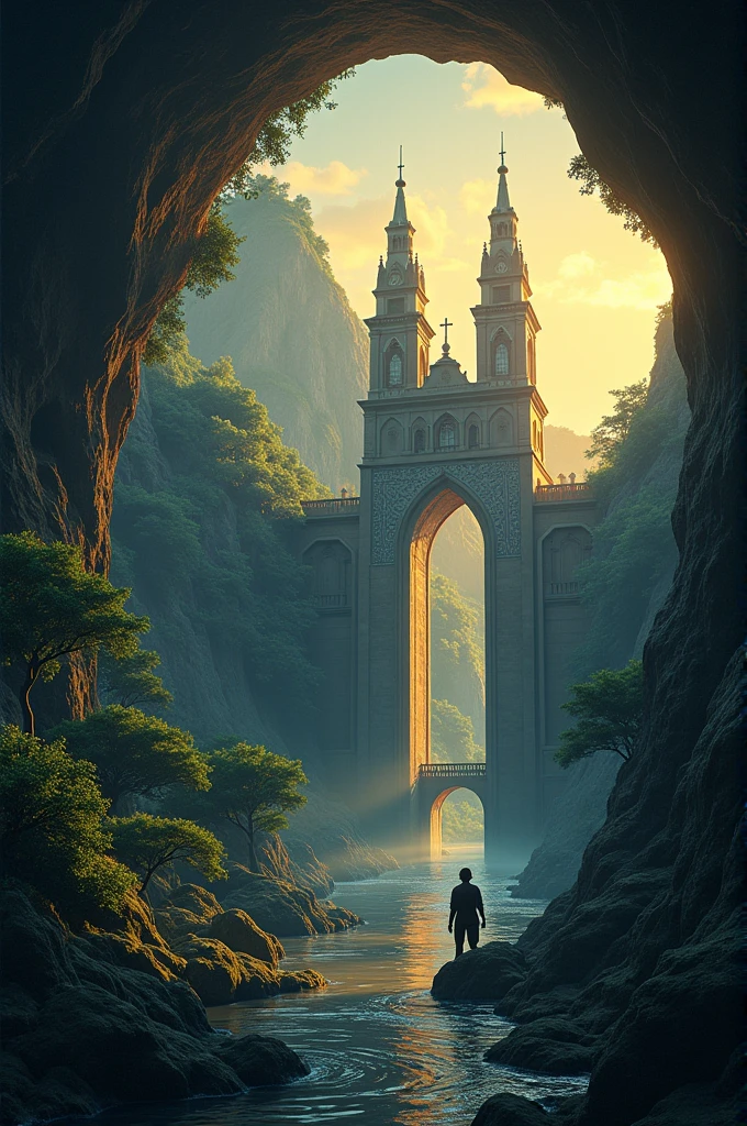 Create an art by mixing the following: Guacharo cave, Miraflores Gates, Morichal river long, Maturin Cathedral. 