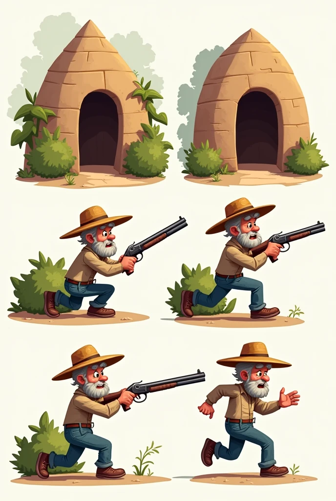 FAÇA UM SPRITE SHEET.

The character is a middle-aged man, with typical characteristics of a northeastern countryman, drawn in a cartoonish and humorous style. He is seen in profile (side view), sitting sideways at the entrance to his mud house, which is also in side view. He holds an antique shotgun in firing position., pointing to the right, ready to shoot the animals that emerge from the bush. The character wears a faded cotton shirt, jeans and a traditional straw hat.

I NEED ALL POSITIONS. going. stopped. sprinting. jumpping