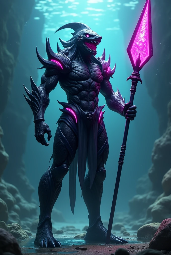 warrior with spear, humanoid appearance, no shield, Fins on the arms and legs, armor with spikes similar to sea creatures, helmet, yugioh style, black armor and helmet, sea creature, without syrup, thin and muscular body, armor over the entire body, the armor must be black, must have rviolet eyes and fins on the arms and fins on the legs, warrior of atlantis, fish fins are located in the forearm and calf region. The helmet resembles the head of a shark, detalhes com palheta rosa e violetas brilhantes ao longo da armadura, chaos creature, masculine creature, sem boca, a armadura cobre todo o corpo e preta brilhante, aparência de guerreiro