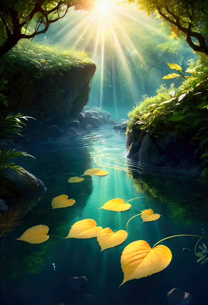 realistic animation, mysterious atmosphere, (best quality, high resolution:1.2), very detailed, realistic, sight, The Enchanted Forest, Beautiful reflection, peaceful atmosphere, soft sunlight, calm valley, Lush green vegetation, A tranquil and peaceful scene, Subtle color palette, Calm atmosphere, breeze, birdsong heard from afar, vivid colors, The freshness of dawn after the rain, magnificent and beautiful, golden sky, underwater rocks, Transparent clear water quality, light reflection on water, ripples on the water, A pattern that makes waves, sublime tranquility, balance, Leisurely and elegant composition, soft lighting, Warm sunlight with golden particles filtering through the leaves.,