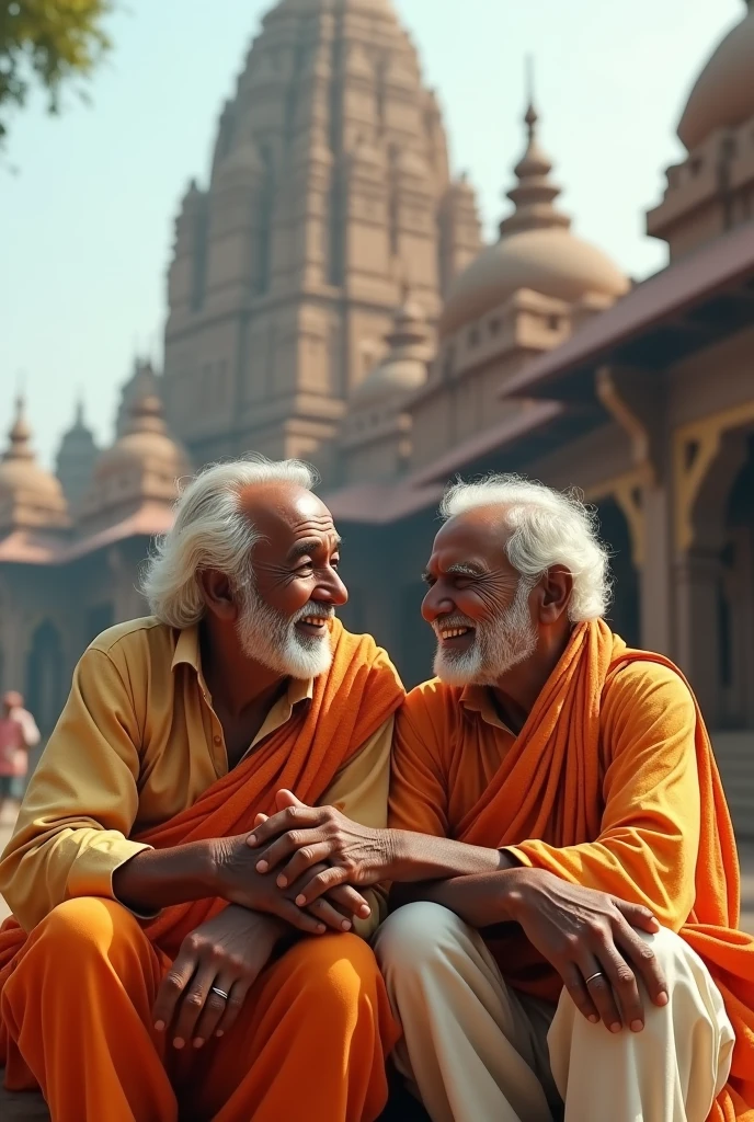 Two Indian old friends sitting together front of temple and they are very happy 