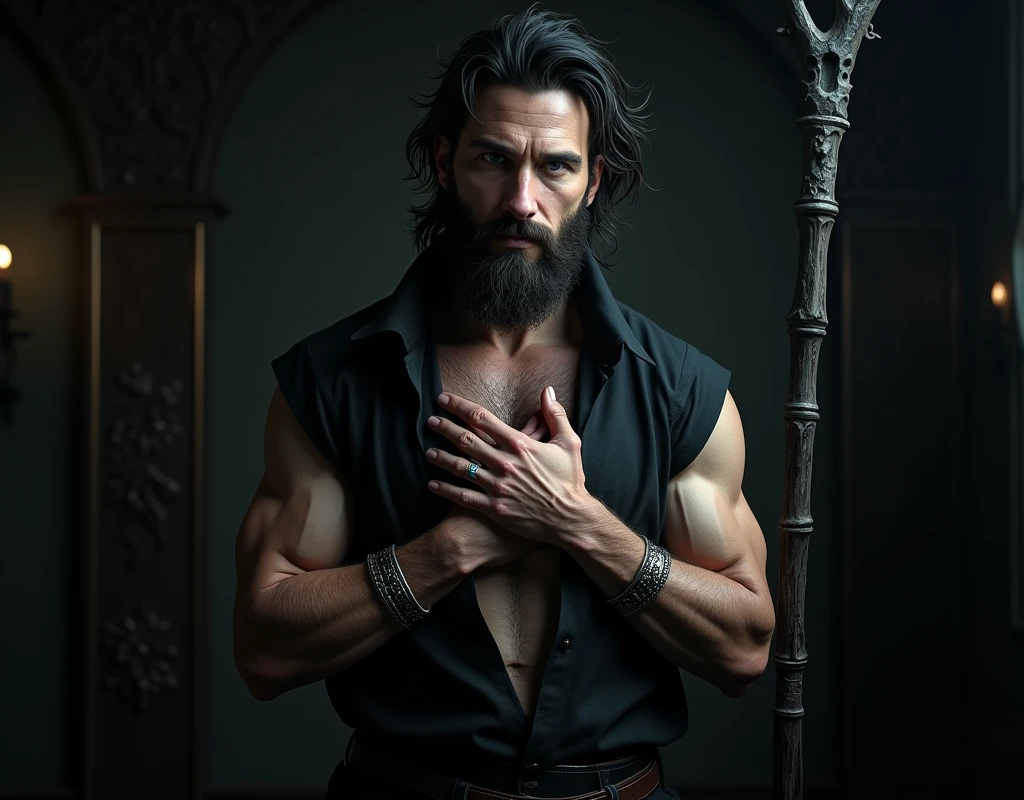 old naked asian elf, with long hair and long beard, with exposed penis and hairy muscular body, sitting on couch with spread legs, urinating and defecating