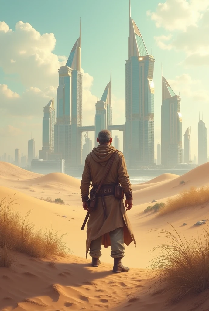 a man standing in the middle of the desert with a distant backdrop of towering luxury buildings