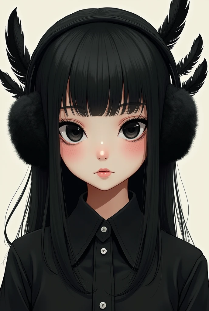 Girl with rude non-kawaii drawing features with black plush headphones with three black feathers around long straight hair with black eyes