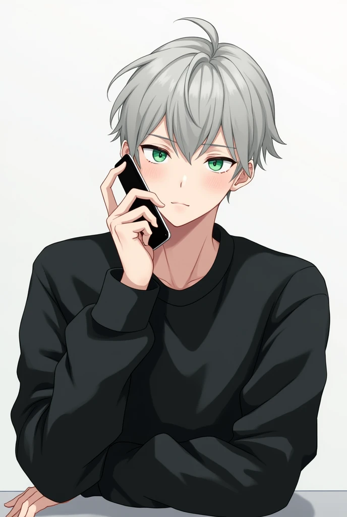 This image is、Shows the illustration of a young man。He is wearing a black sweatshirt、While holding the smartphone in one hand、The other hand is supporting the chin。His hair is short、In pale grey、I feel a little disorganized.、The eyes are bright green。His expression seems a little thoughtful.、It creates a calm atmosphere。The background is simple、His appearance stands out。overall、Stylish and attractive visuals。