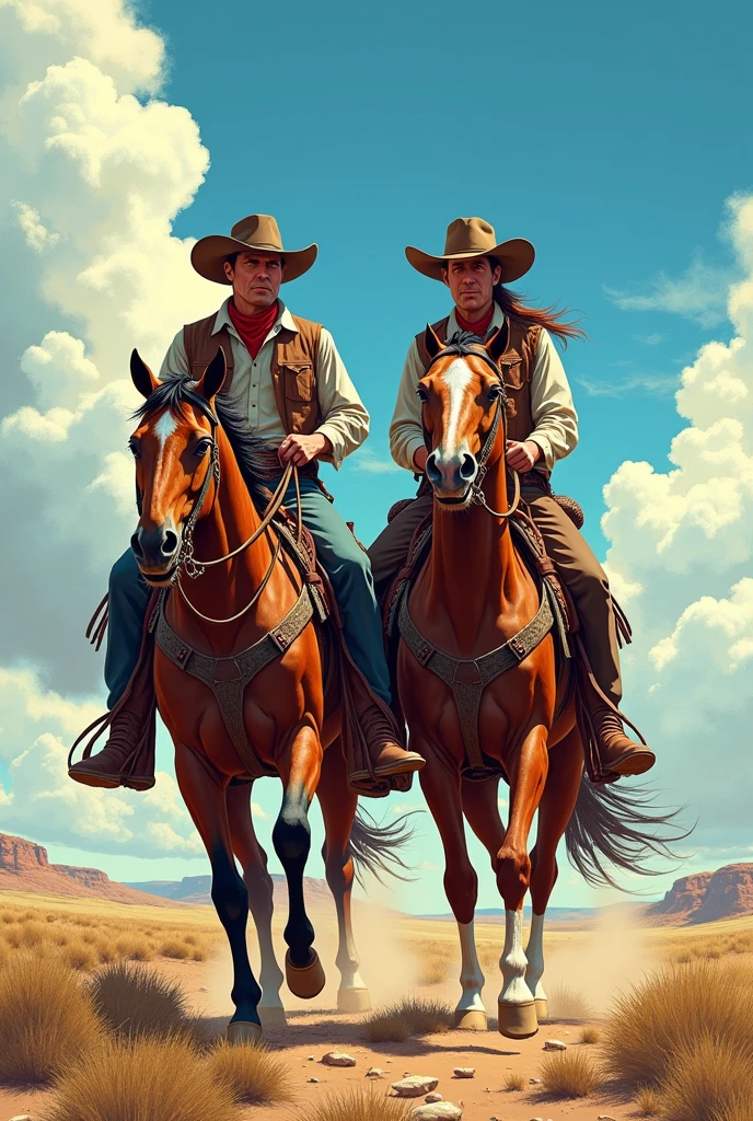 Hyperrealistic color comic 1950s two cowboys who .They ride on horseback and carry tools in their saddlebags