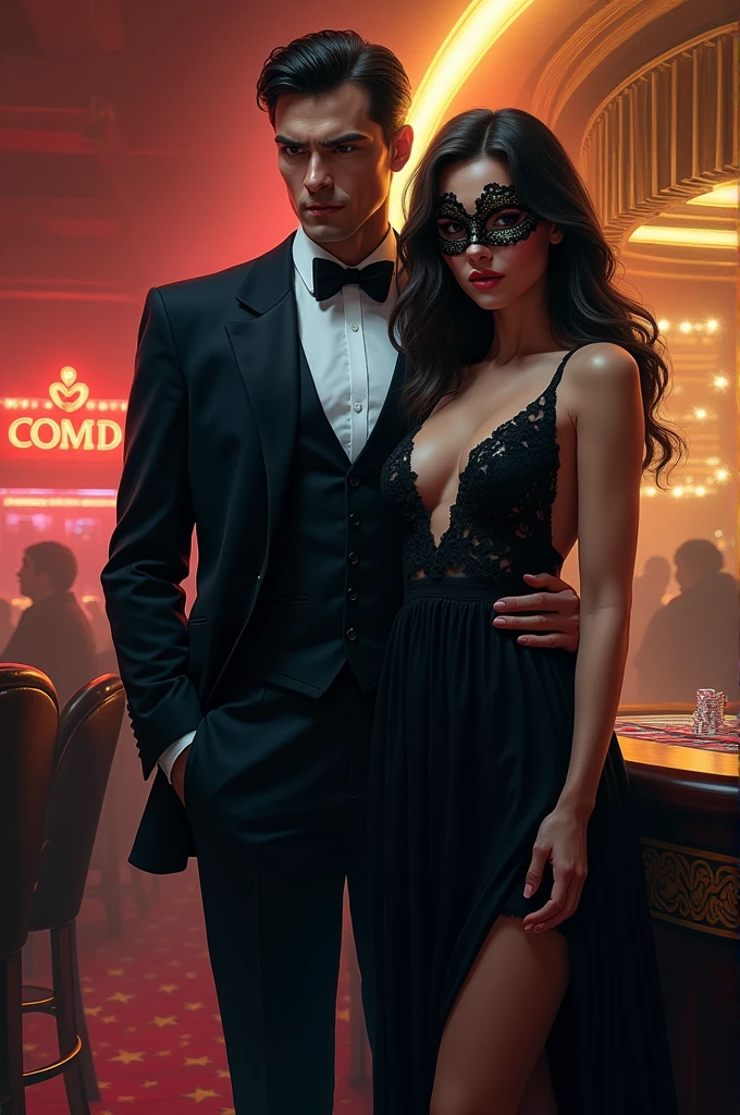 create a book cover, a casino tycoon and a masked nightclub dancer