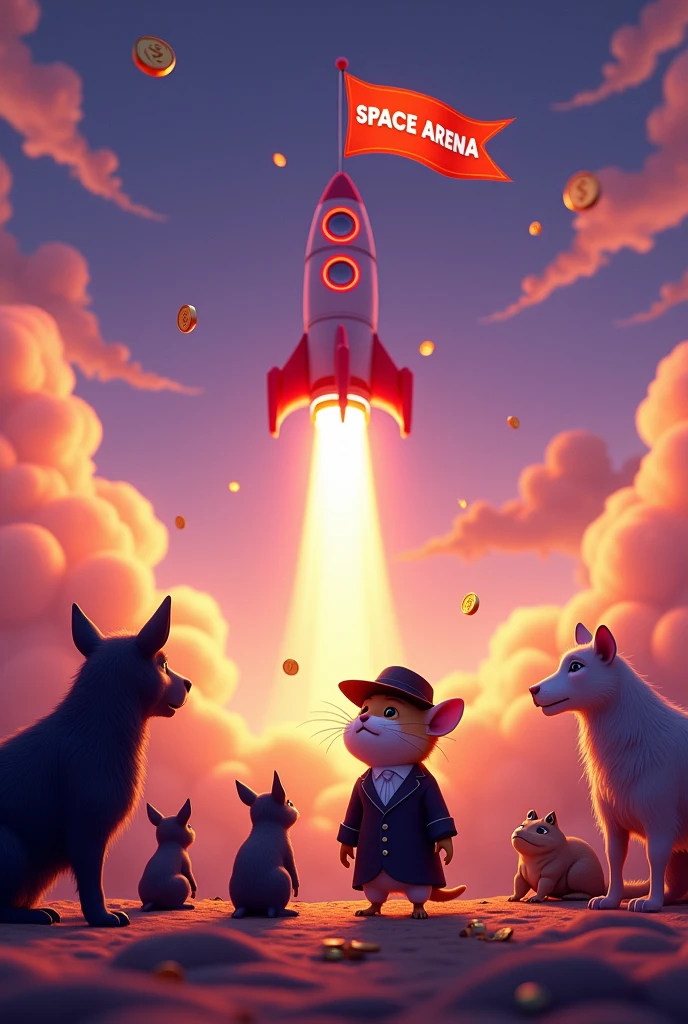 A violet colored space ship that has an orange  flag written "SPAACE ARENA" in  orange colour.it is going up fast and the ground is dusty due to the take off. There are black dog saying 'woof' cats saying meeeow  goats frogs and an big animated  hamster wearing a suit looking up towards the space ship as it takes off . The space ship should appear like it is dropping alot of gold coins as it goes up. All animals should be facing the space ship like watching a sunset  . Make it look realistic.
This should reflect crypto currencies and the crypto world of airdrops . Please remove horns from the hamster put a hat on it and a black suit
