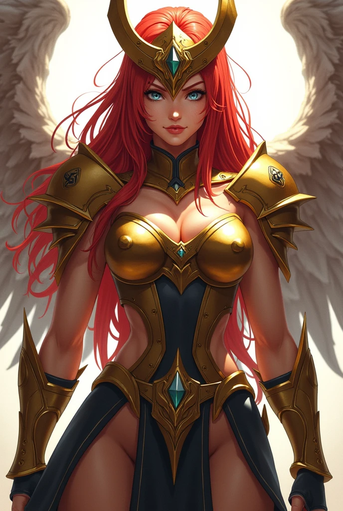 a female anime character, Bullish, musclegirl, with long red hair, sky blue eyes, wearing the helmet and armor of a golden Valkyrie with lots of black and silver details