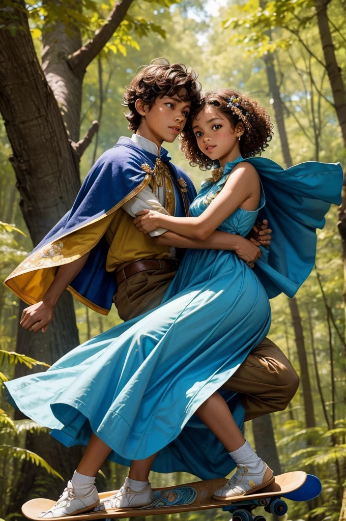 create the image in a forest with trees blue sky and flowers a prince with caramel skin cape, brown rabbit with honey-colored eyes riding a skateboard while carrying his princess with short brown curly hair in his arms , brown eyes and freckles on her face dressed in a blue dress