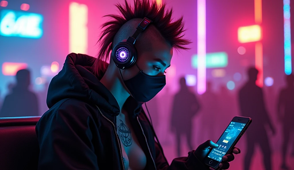 cyberpunk Man With cybernetic implants in his head and eyes, a relaxed face looking at his cell phone, With ninja outfit, mohawk hair, anarchy mask, neon headphones and a sample abdomen with a semi-hidden tattoo, Nightclub background