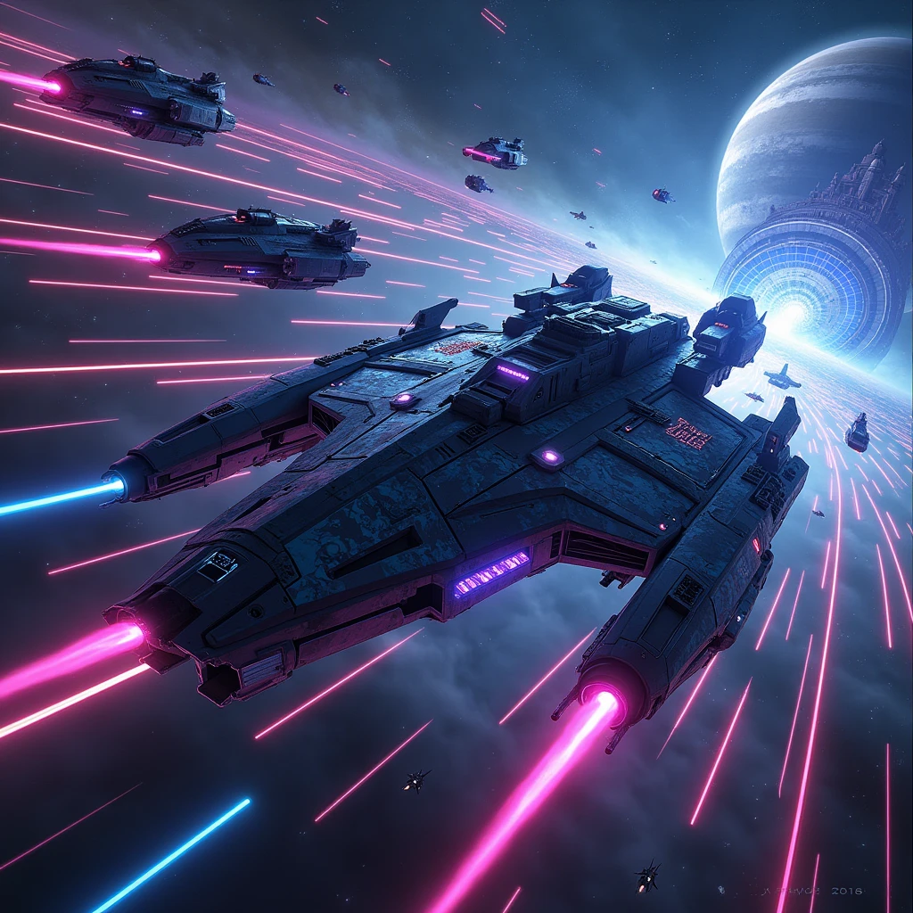 Design a high-energy scene set in the depths of space, featuring a fleet of futuristic cyberpunk-style spaceships. The largest ship, a heavily armored warship with sharp, angular designs and glowing neon accents, dominates the foreground. Its hull is adorned with graffiti-like markings and illuminated by pulsating blue and purple lights. Smaller, agile fighter ships, with sleek and compact designs, swarm around the main ship, their thrusters leaving trails of vibrant light as they maneuver through the void. The background shows a distant, neon-lit space station with sprawling, interconnected structures and massive rotating rings. A distant planet with a cityscape covered in a glowing grid pattern can be seen beyond the station, partially obscured by swirling clouds of space dust and debris. The scene is alive with the energy of a space battle, with lasers and plasma beams crisscrossing the dark expanse, reflecting off the metallic surfaces of the ships. The overall atmosphere should feel intense, high-tech, and chaotic, capturing the essence of a cyberpunk universe in space. Design a vibrant and dystopian cyberpunk cityscape at night, with towering skyscrapers adorned with neon signs in various languages and colors. The streets below are crowded with a mix of humans, androids, and cyborgs, all moving through a maze of dark alleys and bustling markets. Holographic advertisements hover in the air, projecting images of futuristic products and entertainment. "Create a dynamic scene featuring three distinct cyberpunk characters in a futuristic, neon-lit alleyway. The first character is a female hacker with short, neon-colored hair, wearing a sleek, high-tech bodysuit that glows with intricate circuitry patterns. She is crouched next to a wall, connected to a data port with cables running from her wrist device, her eyes focused as holographic screens hover around her.