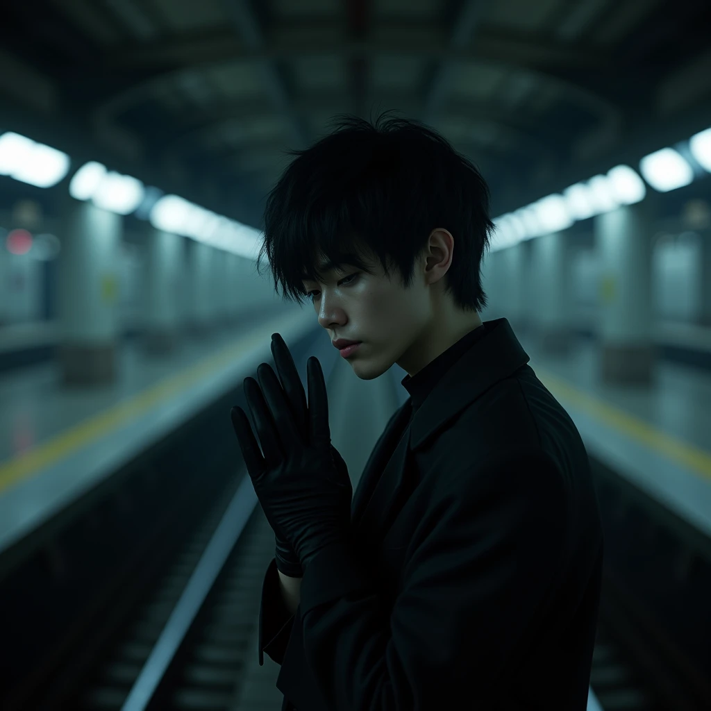 a age androgynous japanese man with black hair, a cold look, dark eyes, black gloves, an anxious expression, standing alone in an underground railway station at night, (best quality,4k,8k,highres,masterpiece:1.2),ultra-detailed,(realistic,photorealistic,photo-realistic:1.37),moody,cinematic lighting,dramatic,dark atmosphere,chiaroscuro,gloomy,high contrast,cool color palette
