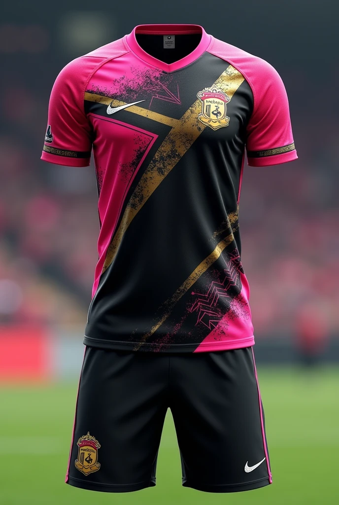 Make me a soccer uniform with a spectacular design that the colors are black with pink and gold