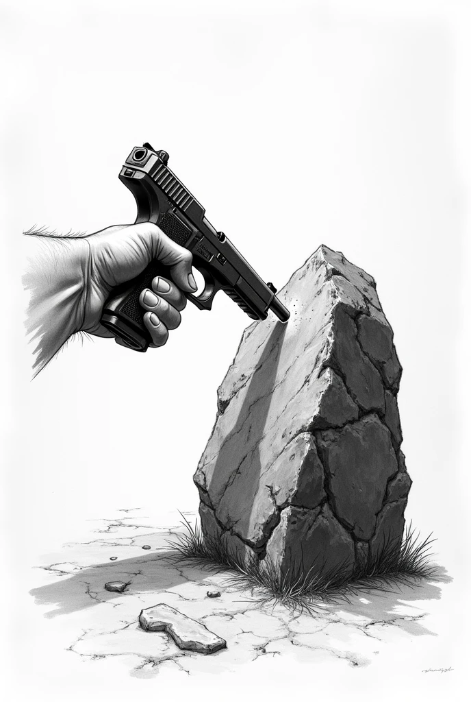 Black and white drawing of a hand pointing a gun at a stone