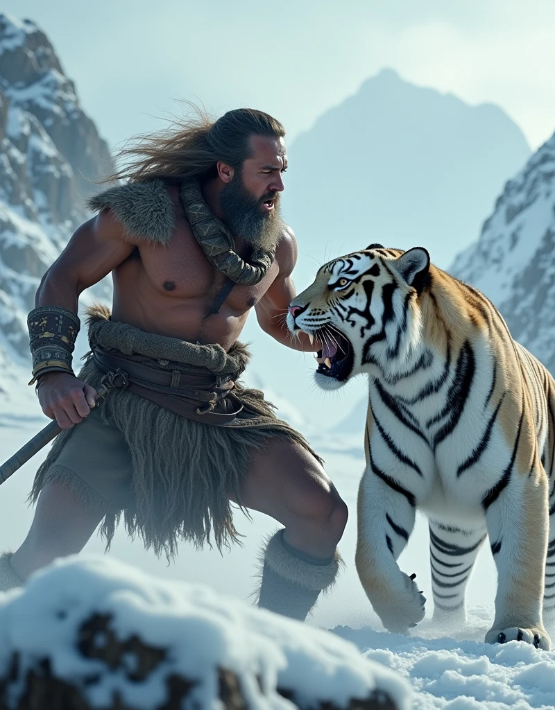 A rugged barbarian warrior, detailed muscular body, long hair, fierce expression, fighting a ferocious white Bengal tiger, in a frozen mountain wasteland, dramatic action poses, intense strife and struggle, realistic textures, volumetric lighting, cinematic composition, moody atmosphere, epic fantasy