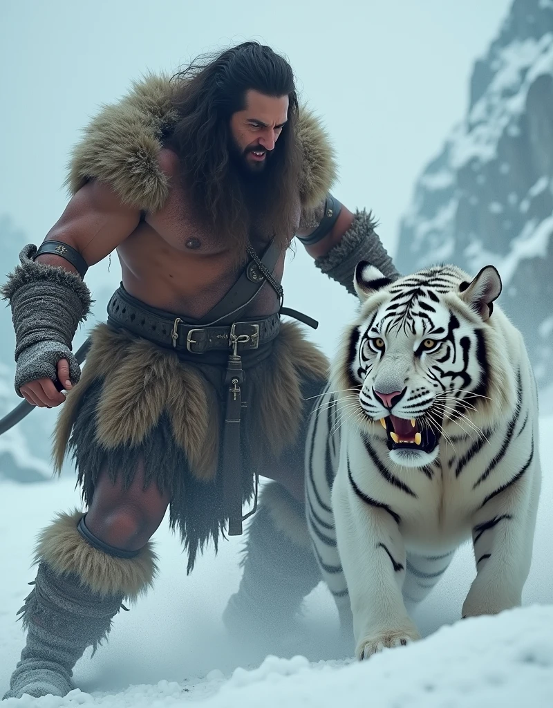 A rugged barbarian warrior, detailed muscular body, long hair, fierce expression, fighting a ferocious white Bengal tiger, in a frozen mountain wasteland, dramatic action poses, intense strife and struggle, realistic textures, volumetric lighting, cinematic composition, moody atmosphere, epic fantasy