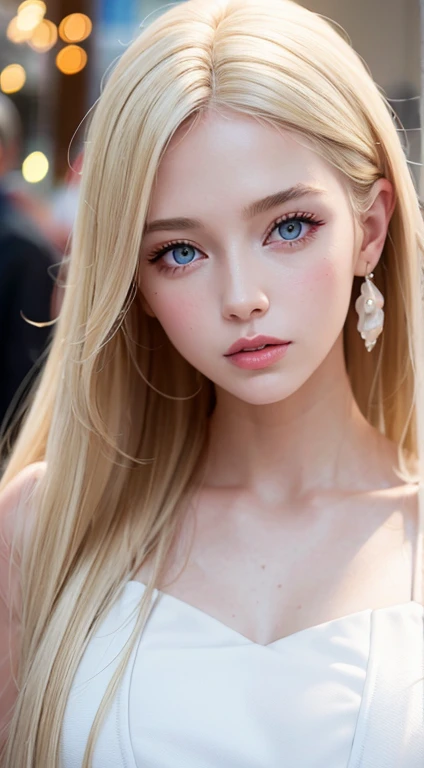 European and American women, model fashion, Wearing a cute white dress, glamour, paparazzi taking pictures of her, hair blonde, eyes browns, 8k, high qualiy, work of art, 最high qualiy, High definition, very detailled, volumetric lighting, realisitic,