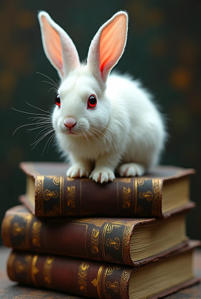 Albino rabbit on top of books drawing
