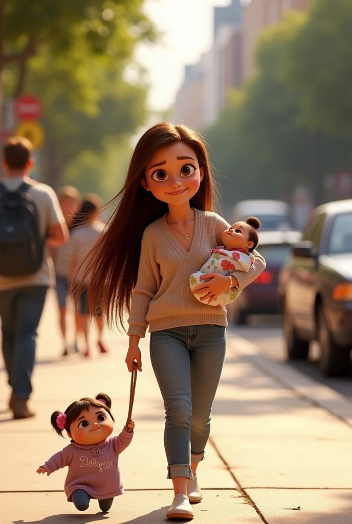 Create what the character Riley from Inside Out 2 would look like but with long brown hair if she were walking a  on the street