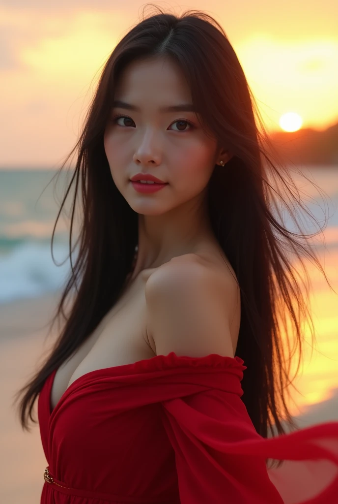 a beautiful Asian woman with long black hair and looks natural in every detail, eyes with brownish eyeballs that are very realistic and natural in every detail, corneas, eyebrows and smooth skin that are very real, natural, natural beauty of an Asian woman that is very realistic and real, wearing a long red dress that is elegant and enchanting, the background is an enchanting beach in the afternoon with the gentle crashing of sea waves and the beauty of the sunset that is so real and charming, very real, realistic, cinematic