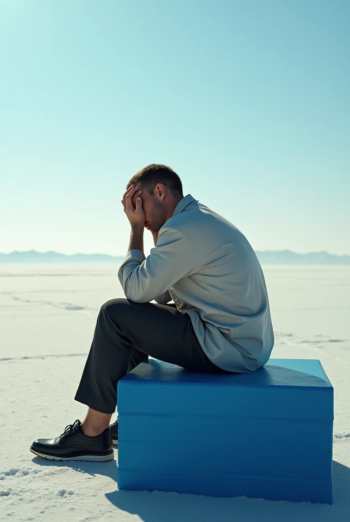 A man sitting in a far away image with space left at the bottom with his hands on his head on a blue piece of furniture that looks real
