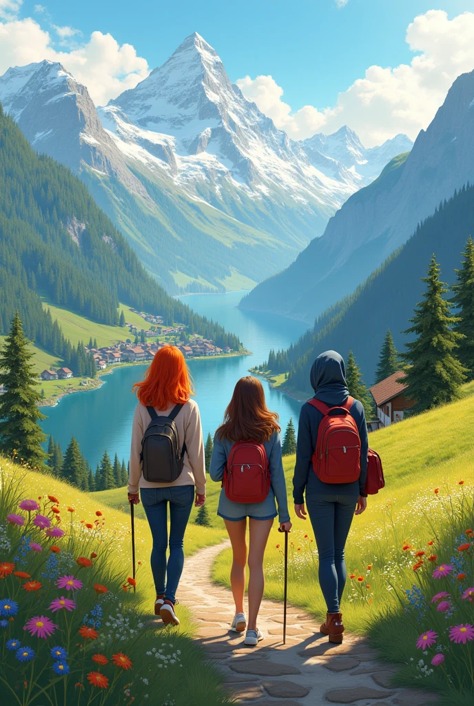 Create image of me and my friends. We are visiting Switzerland.We are girls 

One friend is short in height and she have short hair looking blood
Iam a tall person and have long hair 
Other friend is medium in height and wear hijab 

 