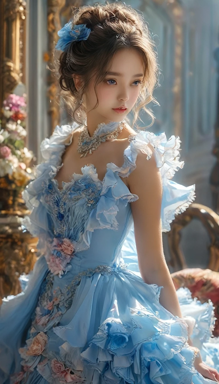 highly detailed, 8k, masterpiece, front view, looking at the viewer, One girl, Blue frills_hair_tube, dress, bend_that's all , Grin, (perfection_face), Sitting, machine, Brilliant, Complex, Dramatic lighting, 4K, detailed_background, Caustics, full_body, (Surreal:1.3), bloom,(Beautiful lighting:1.3), Caustics, Dynamic Lighting, Beautiful lighting, (Dakota Fanning:0.5)