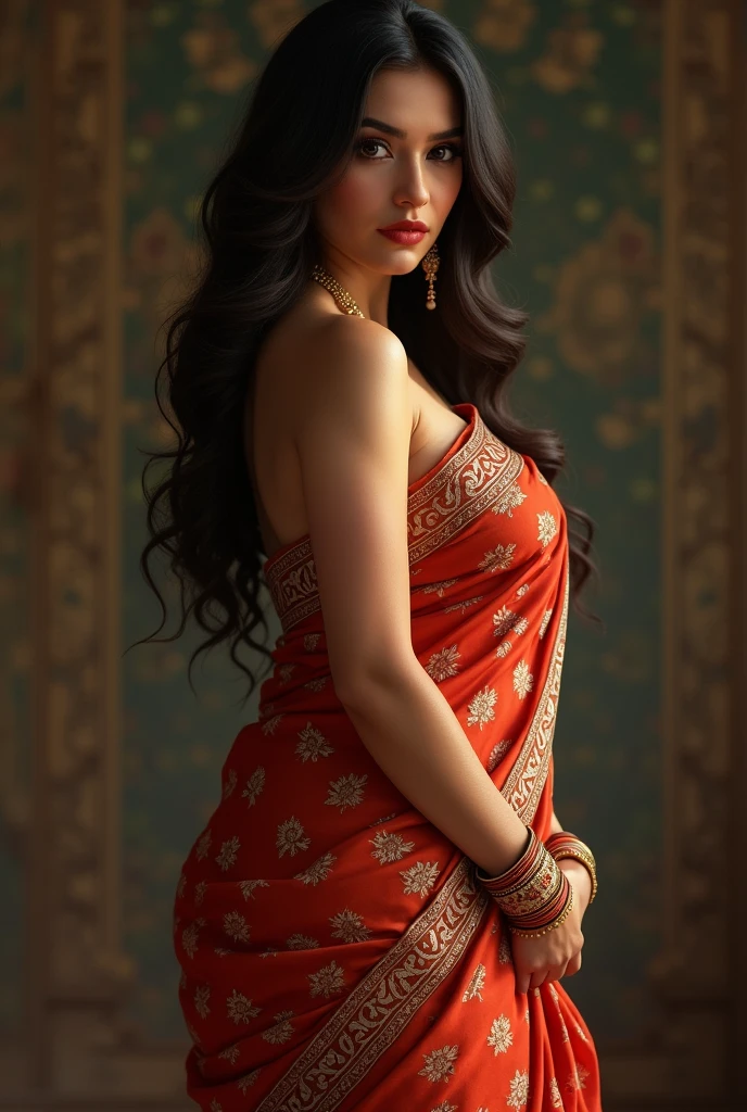 A sexy Indian wife with a huge round and long cleavage line visible in a sexy folded saree