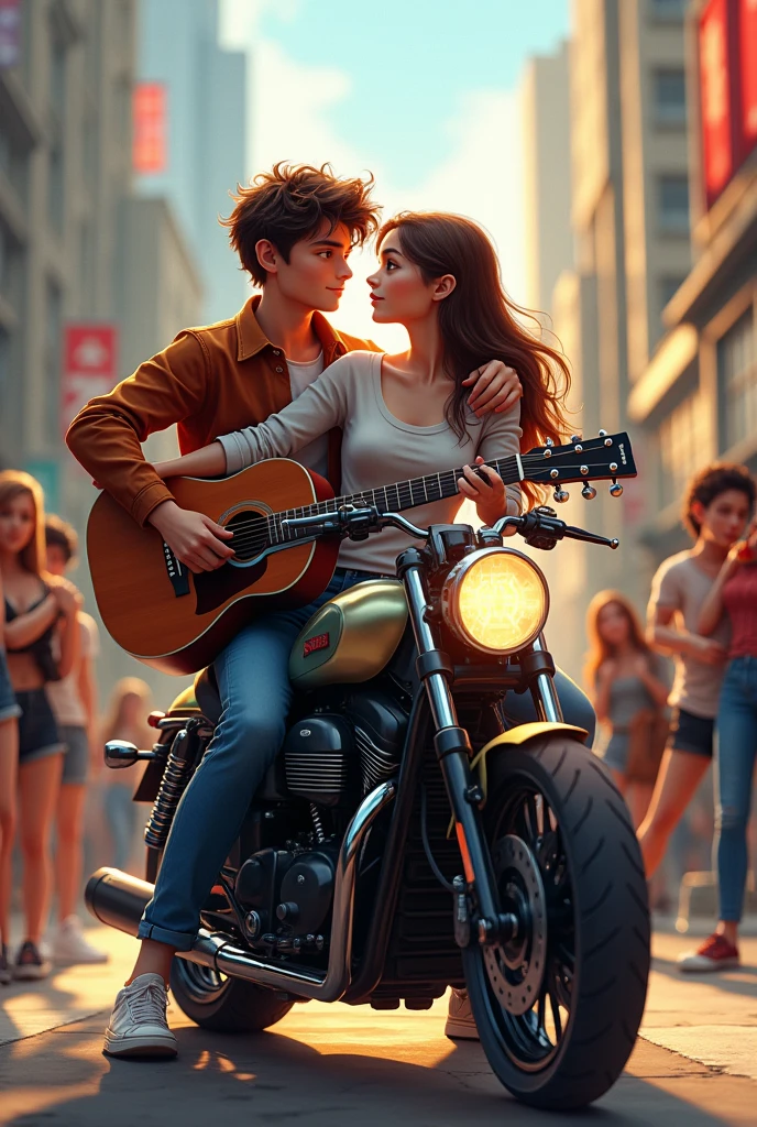 A boy and girl sitting on a bullet bike and boys playing guitar and girls keep her hand on boy's shoulder