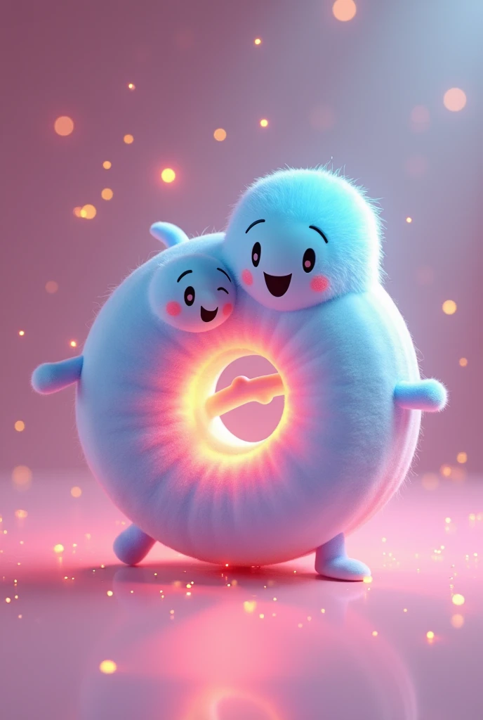 Create an animated 3D image of an alpha particle, represented in a playful and colorful style, child friendly. The particle must consist of two bright, smiling protons and two happy neutrons, all holding hands in a circular formation. Protons may have a slight reddish hue, while neutrons can be a light blue. The background should be a soft and bright spatial environment, with light sparkles, giving the impression that the particle is floating in a friendly cosmic atmosphere.