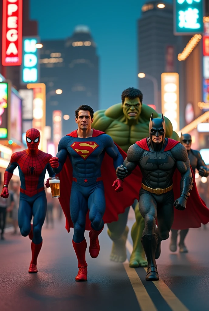 Create a highly realistic video scene of the Hulk chasing Spider-Man, Superman, Batman, and Thor down a brightly lit street in Las Vegas at night. Each superhero is running with a beer glass raised in their right hand. The street is filled with colorful neon lights and bustling with nightlife energy. Ensure that each character is distinctly represented without any deformations or duplications. The overall atmosphere should capture the vibrant and lively essence of Las Vegas at night.