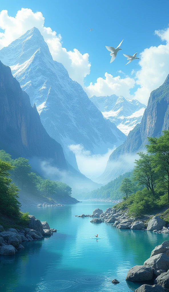 A very serene landscape with mountains all around and a river flowing calmly with skies and birds
Make it vibrant and hyper realistic