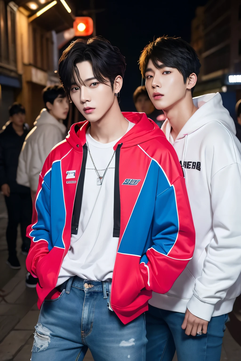 Handsome man like a Korean actor Wearing a flashy neon colored hoodie Wearing loose jeans Handsome K-pop BTS Group of handsome men Idol group Idol group with well-defined facial features but all with different faces Handsome K-pop group Shooting a music video in the city at night Realistic Digital art Accurate expression Accurate reproduction Perfect looks Perfect reproduction