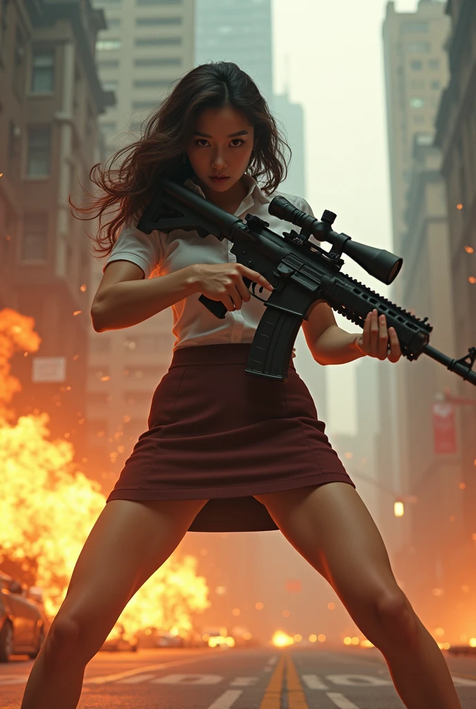 beautiful chinese office lady mini skirt realistic machine gun toting hip firing real person legs apart standing rampage shooting


