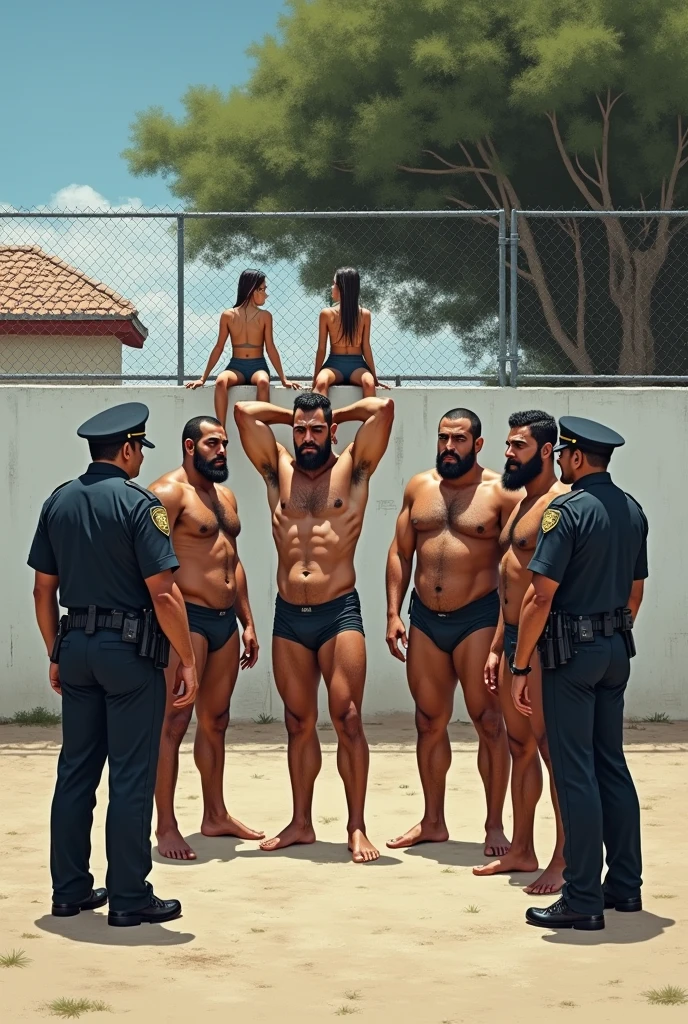 Five strong, muscular, hairy, bearded Puerto Rican men standing in their underwear with their hands raised behind their heads being searched by two police officers in a fenced-in lot with a white wall, Sandy ground, a big tree in the background. Two girls sitting on the wall watching.