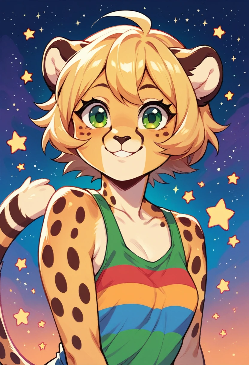 Anthropomorphic, cute, cheetah woman, short chic blonde hair, green eyes, hourglass, small breasts, colorful rainbow striped tank top, cheerful smile, portrait, stars background